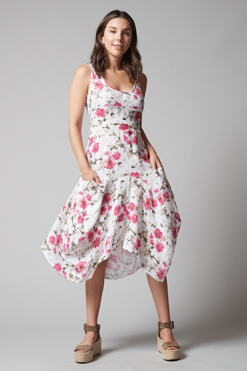 Italian Floral Print Linen Dress