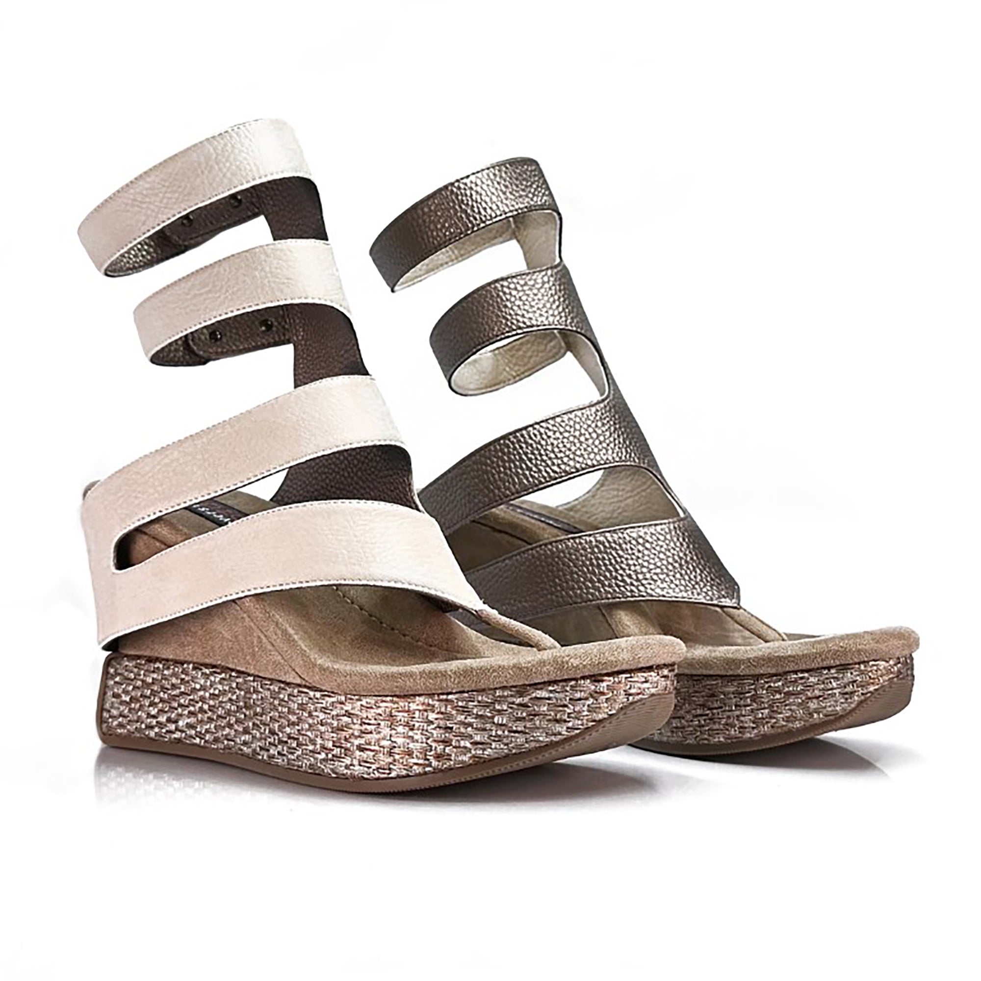 Reversable wedge sandals, pewter and cream