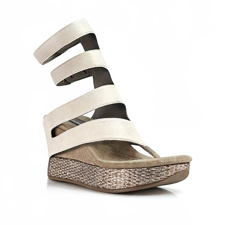 Reversable wedge sandals, pewter and cream