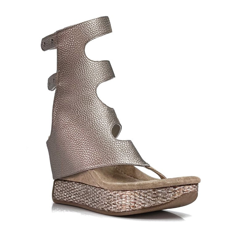 Reversable wedge sandals, pewter and cream