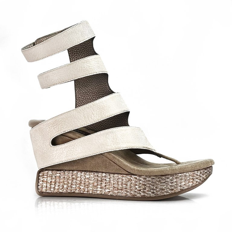 Reversable wedge sandals, pewter and cream