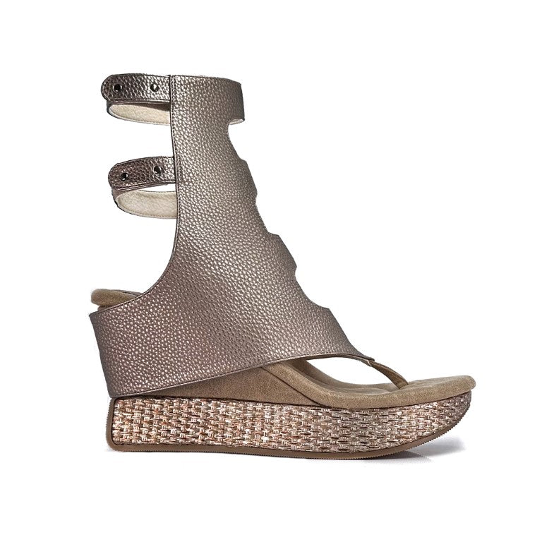 Reversable wedge sandals, pewter and cream