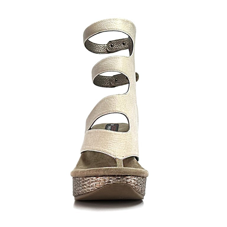 Reversable wedge sandals, pewter and cream