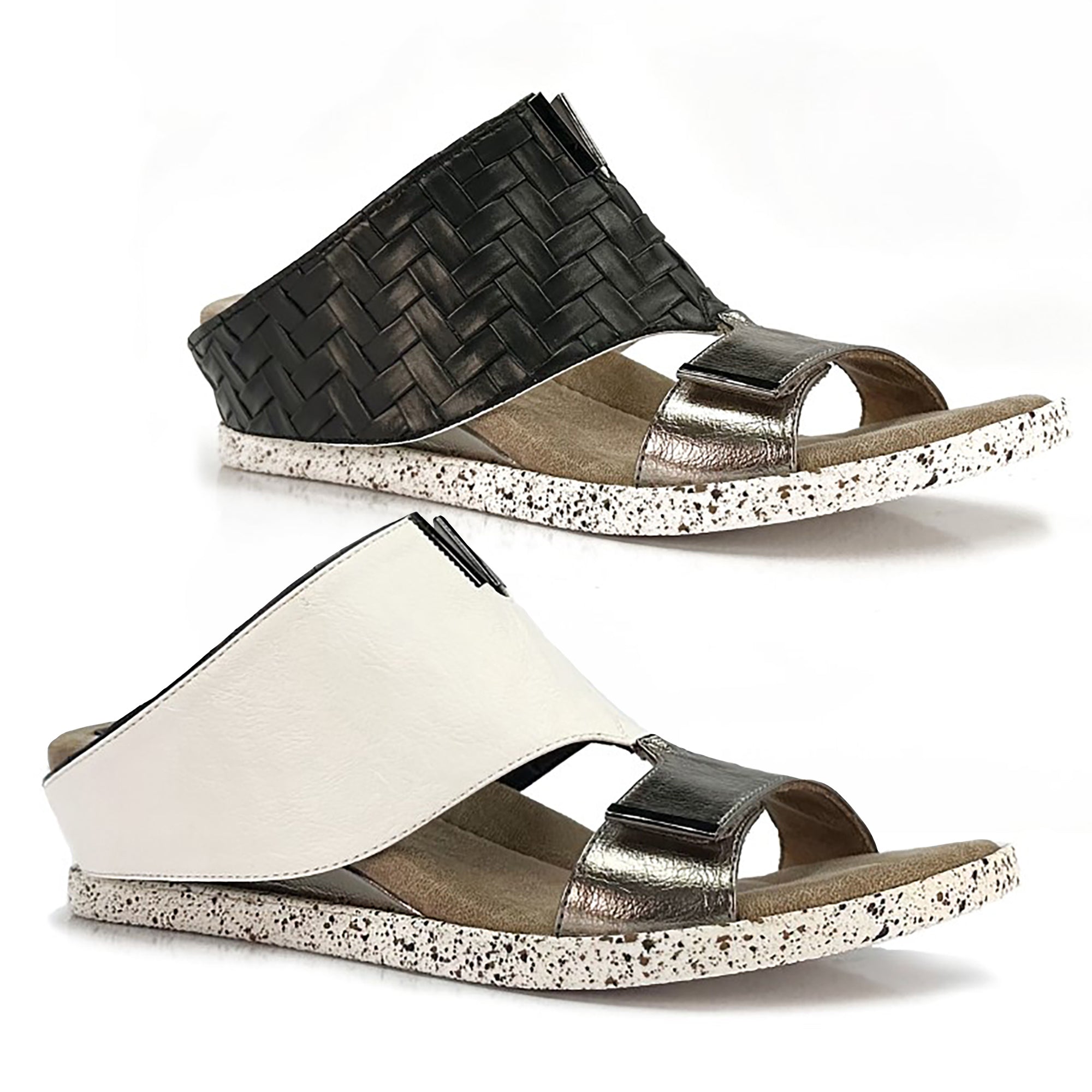 Reversable low wedge sandals, white and black