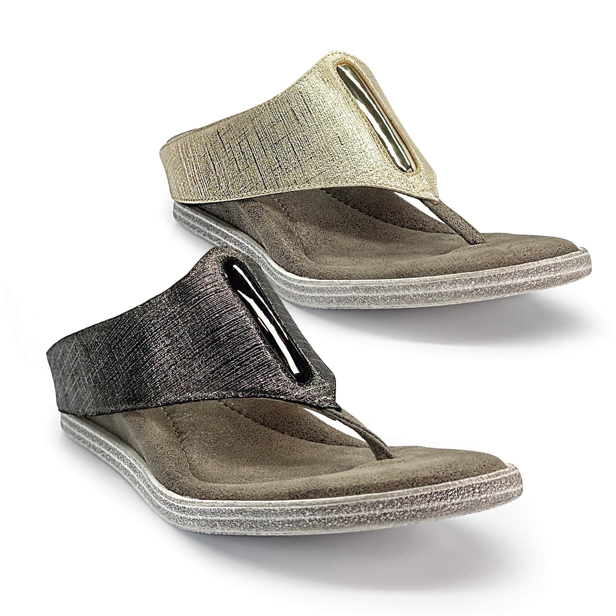 Reversable low wedge sandal pewter gold