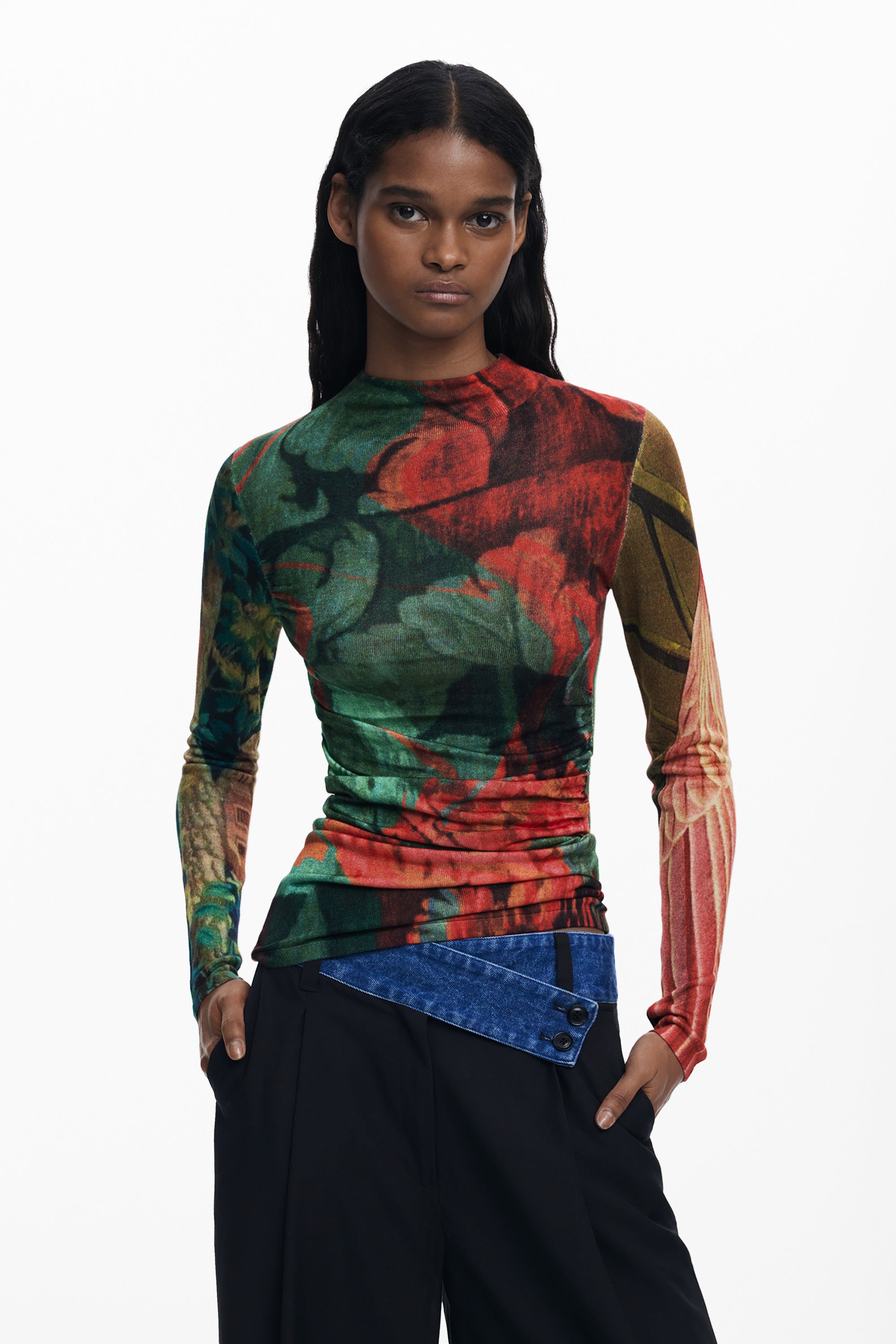Long Sleeve Mock Neck Print Top