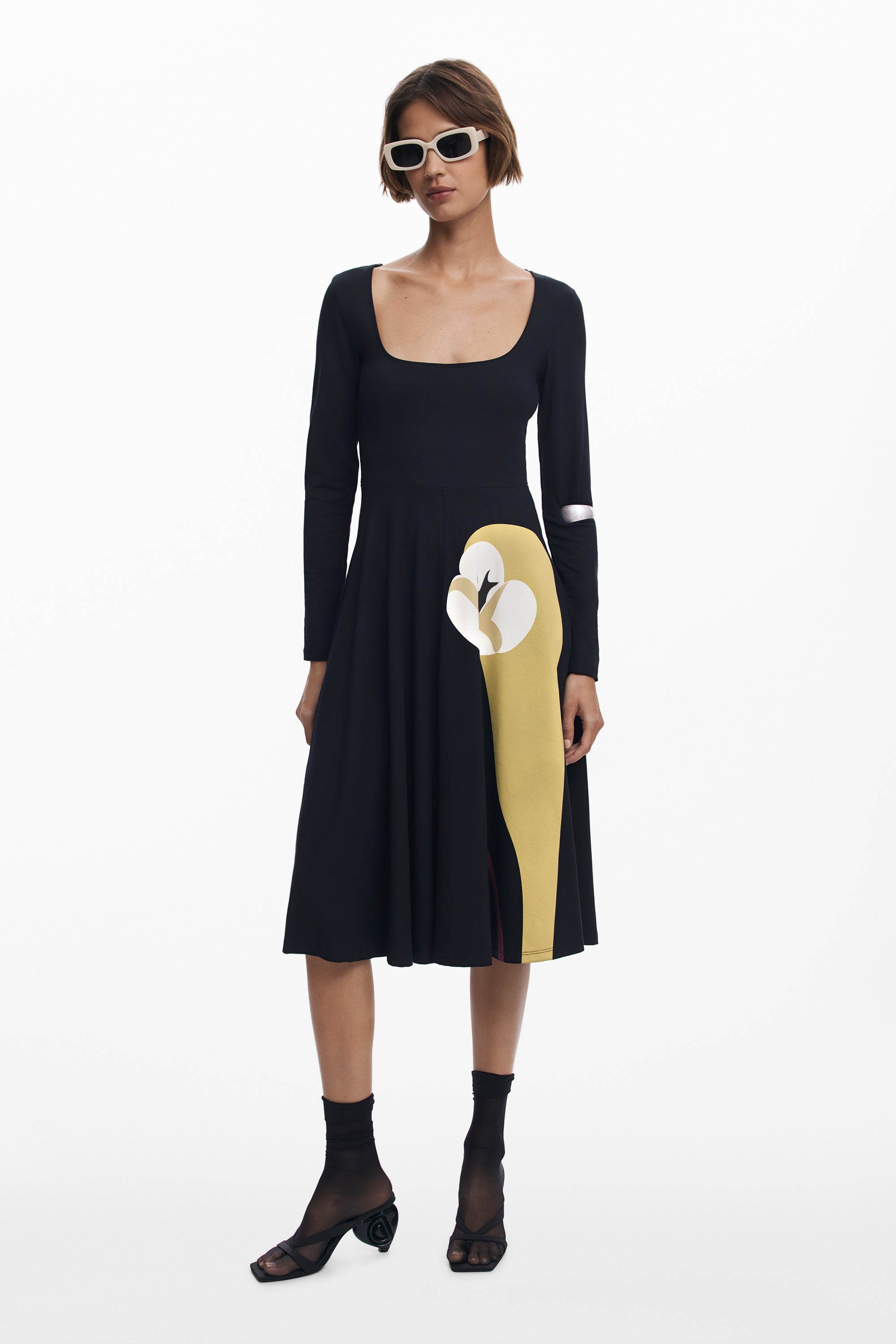 Desigual Black Knit A-Line Dress with Floral Print