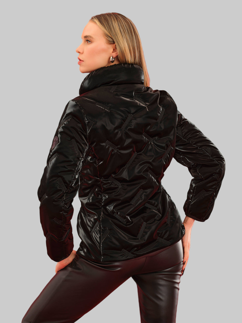 Puffy Shiny Zip-Up Jacket — Black & Taupe