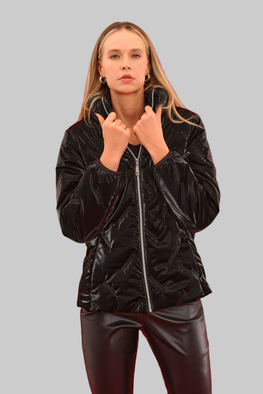 Puffy Shiny Zip-Up Jacket — Black & Taupe