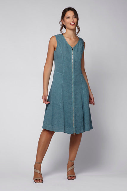 Italian Linen V-Neck Front Zipper Dress