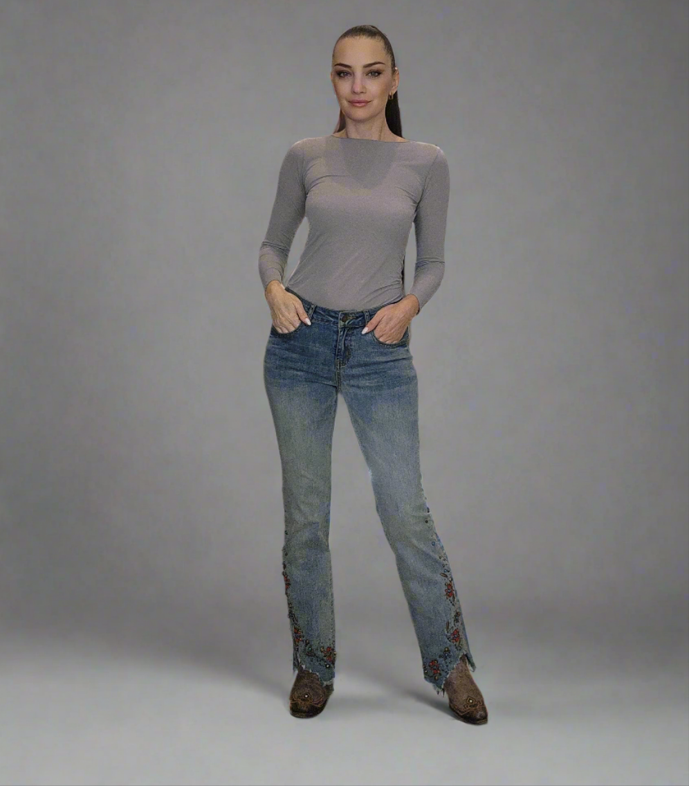 Embroider Stretch Flare Jeans