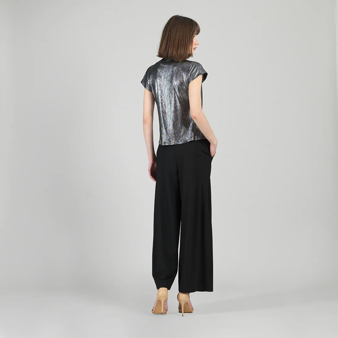 Metallic Shimmer Drape Neck Loop Front Top — Gunmetal
