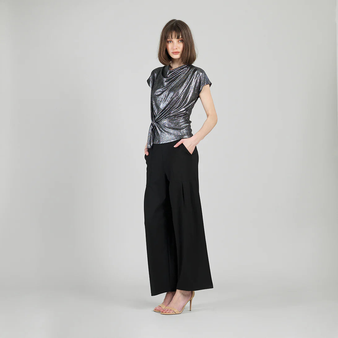 Metallic Shimmer Drape Neck Loop Front Top — Gunmetal