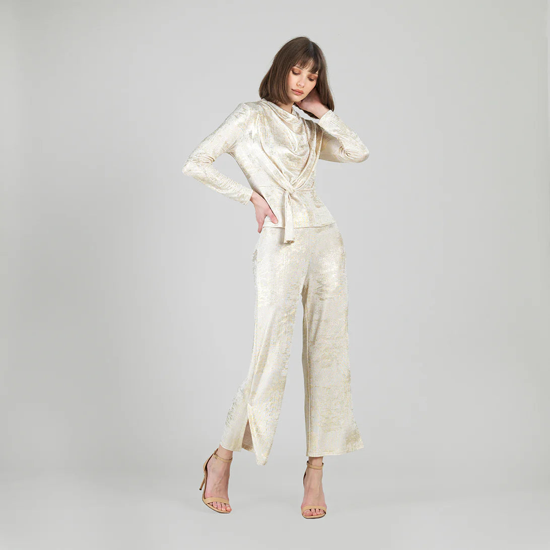 Foil Sheen Long Sleeve Loop Front Top — Champagne