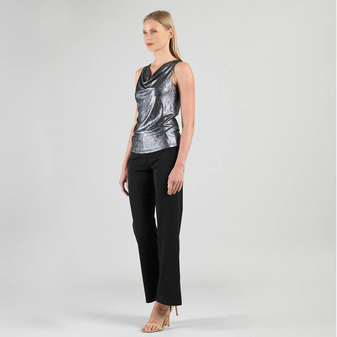 Metallic Shimmer Cowl Neck Draped Tank — Gunmetal