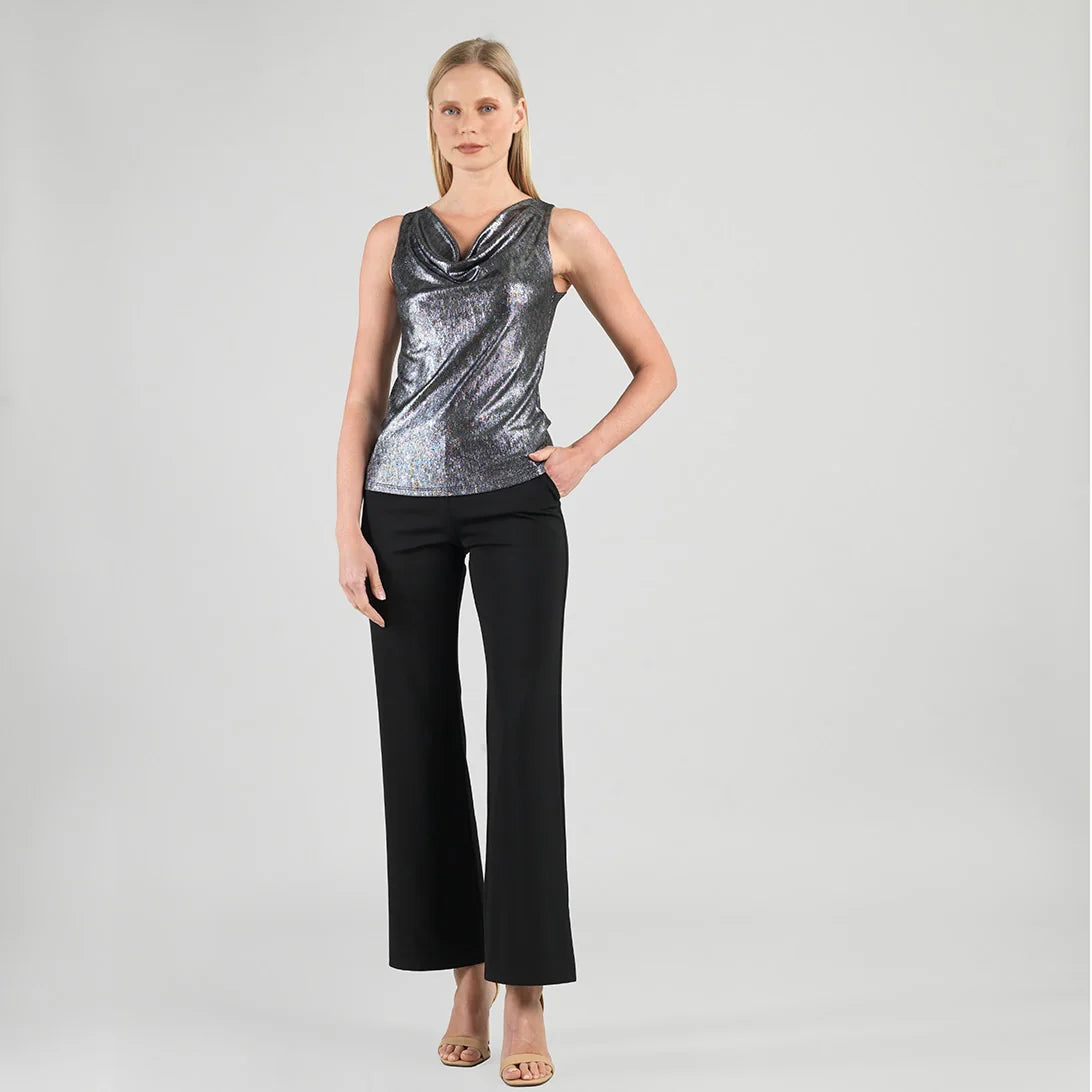 Metallic Shimmer Cowl Neck Draped Tank — Gunmetal
