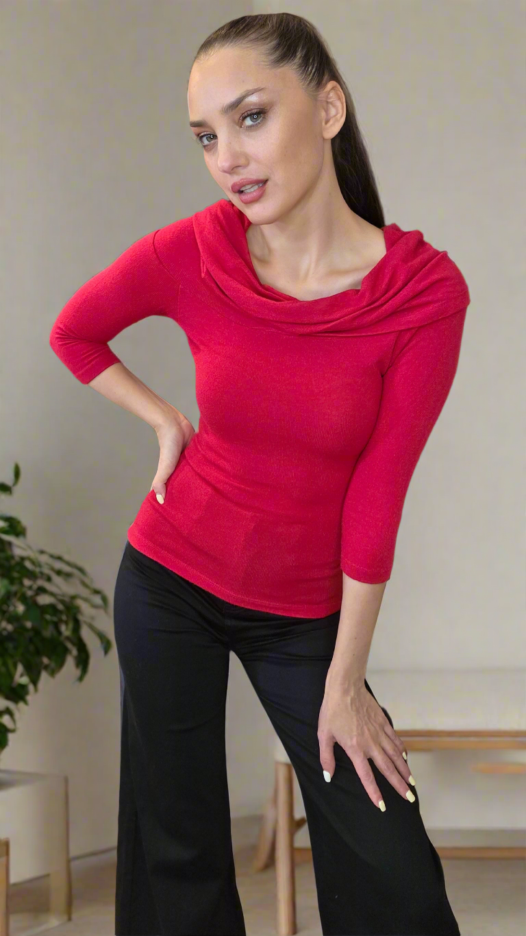Women’s Off Shoulder Knit Stretch Top – 3/4 Sleeve Convertible Cowl Neck Blouse