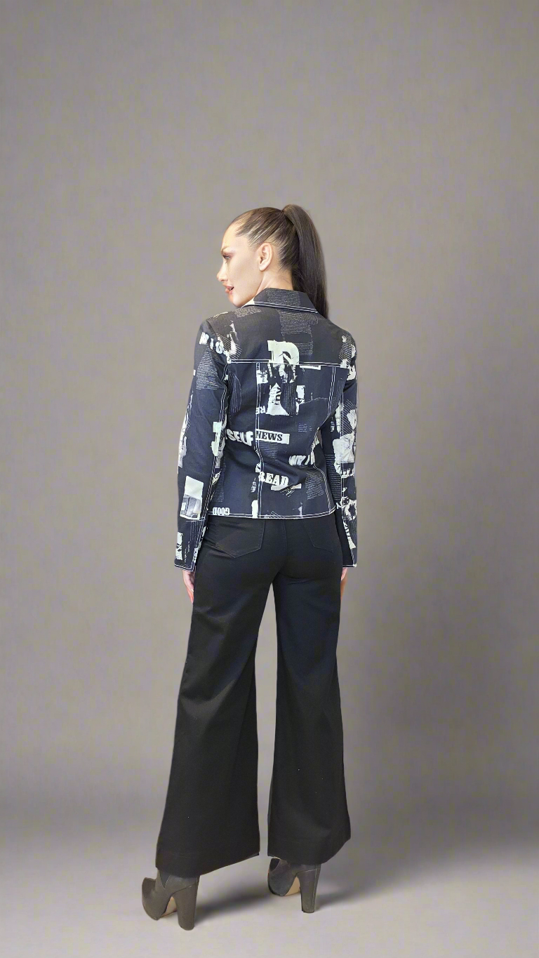 Desigual Women’s Black & White Newspaper Print Jacket – Unique Statement Style