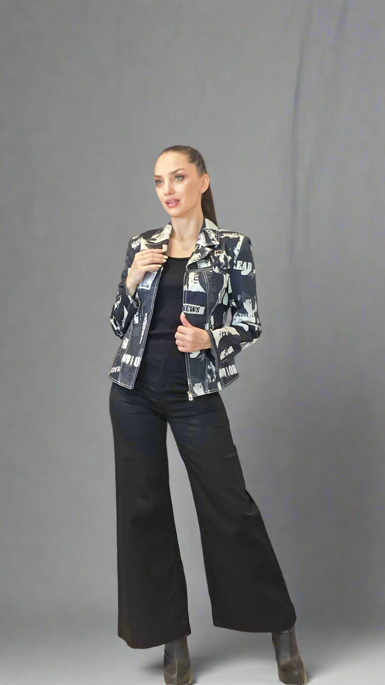 Desigual Women’s Black & White Newspaper Print Jacket – Unique Statement Style