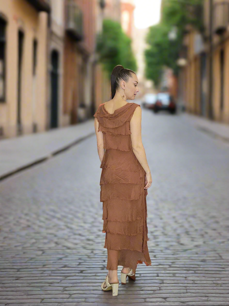 Italian Silk Tiered Dress | Women's Fitted Dresses taupe Italian Silk Tiered Dress | Women's Fitted Dresses taupe