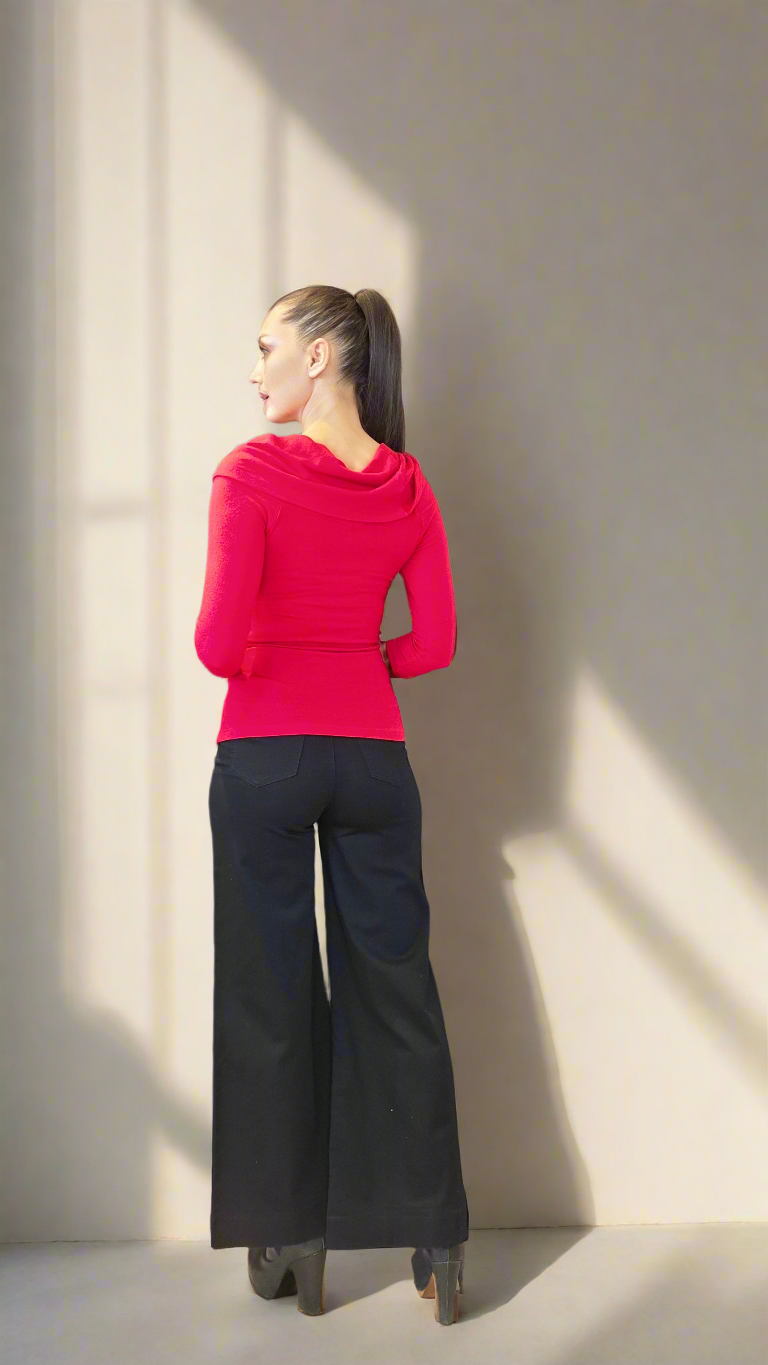 Women’s Off Shoulder Knit Stretch Top – 3/4 Sleeve Convertible Cowl Neck Blouse