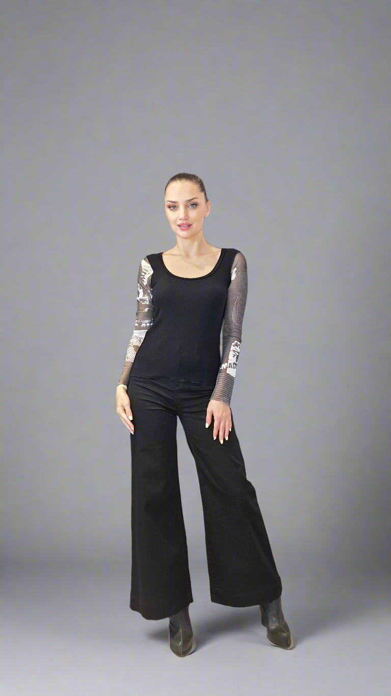 Desigual Women’s Black Mesh Knit Top – Unique Print Sleeve & Stretch Knit