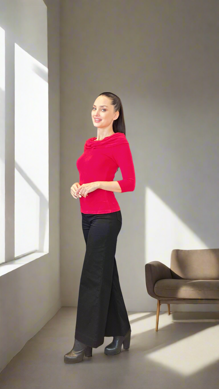 Women’s Off Shoulder Knit Stretch Top – 3/4 Sleeve Convertible Cowl Neck Blouse