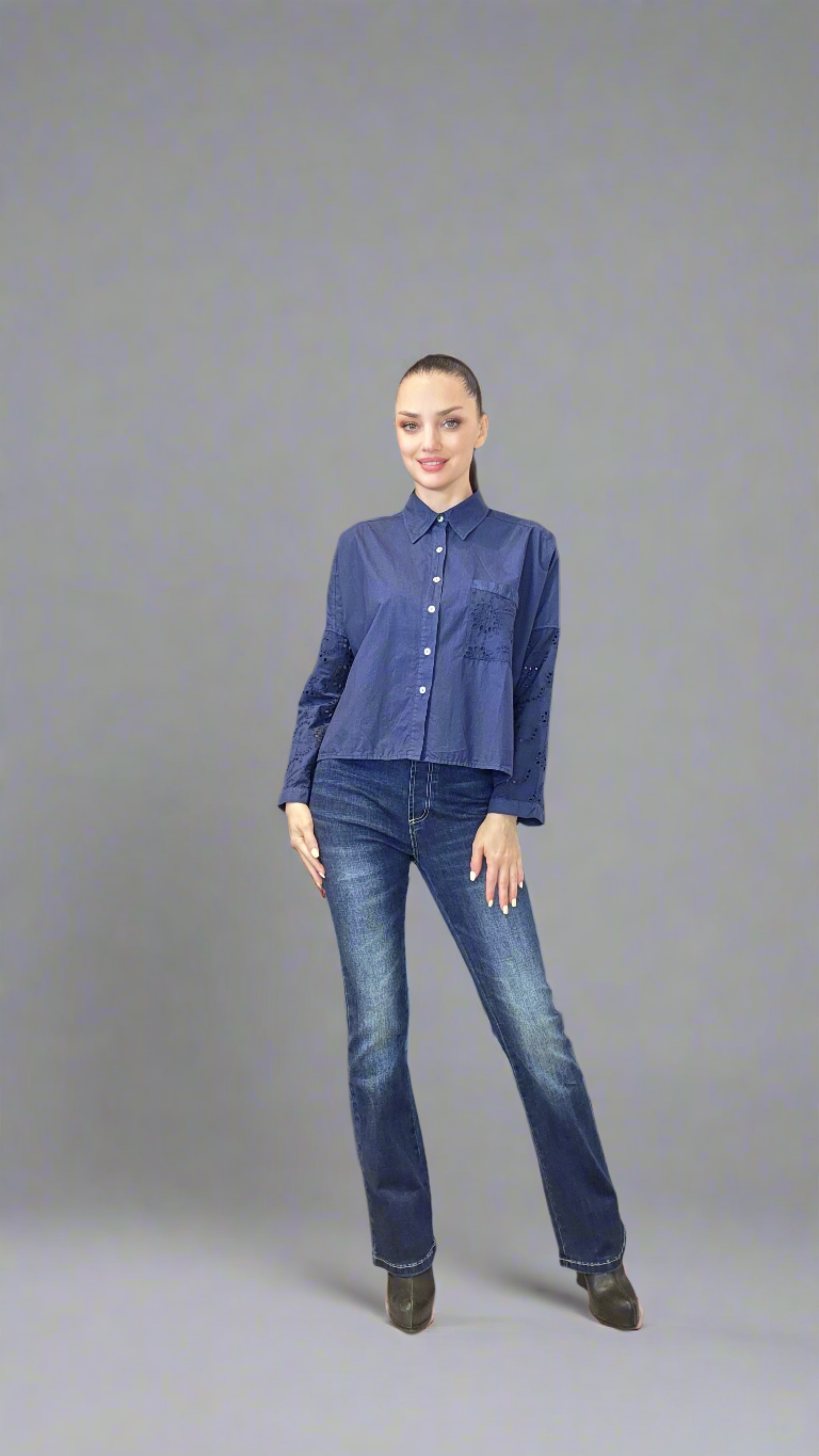 Women’s Cotton Relaxed Fit Blouse – Black or Navy with Sleeve Cutout Details