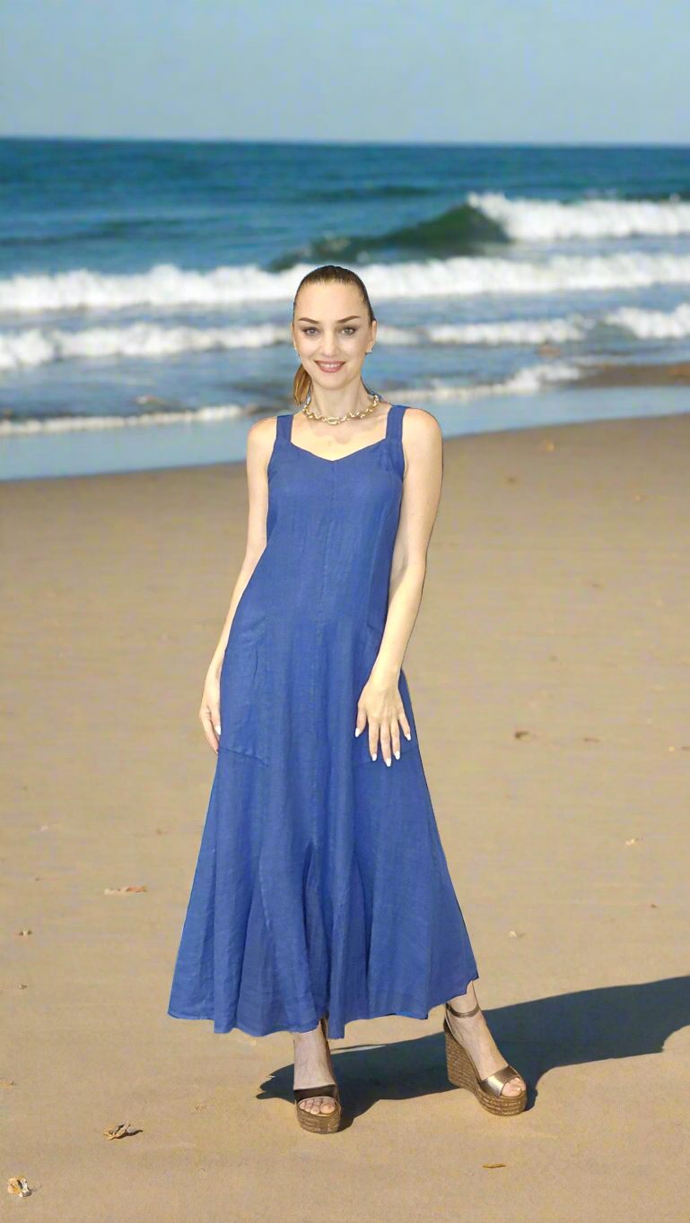 Italian Linen Elegant Dress, Cobalt