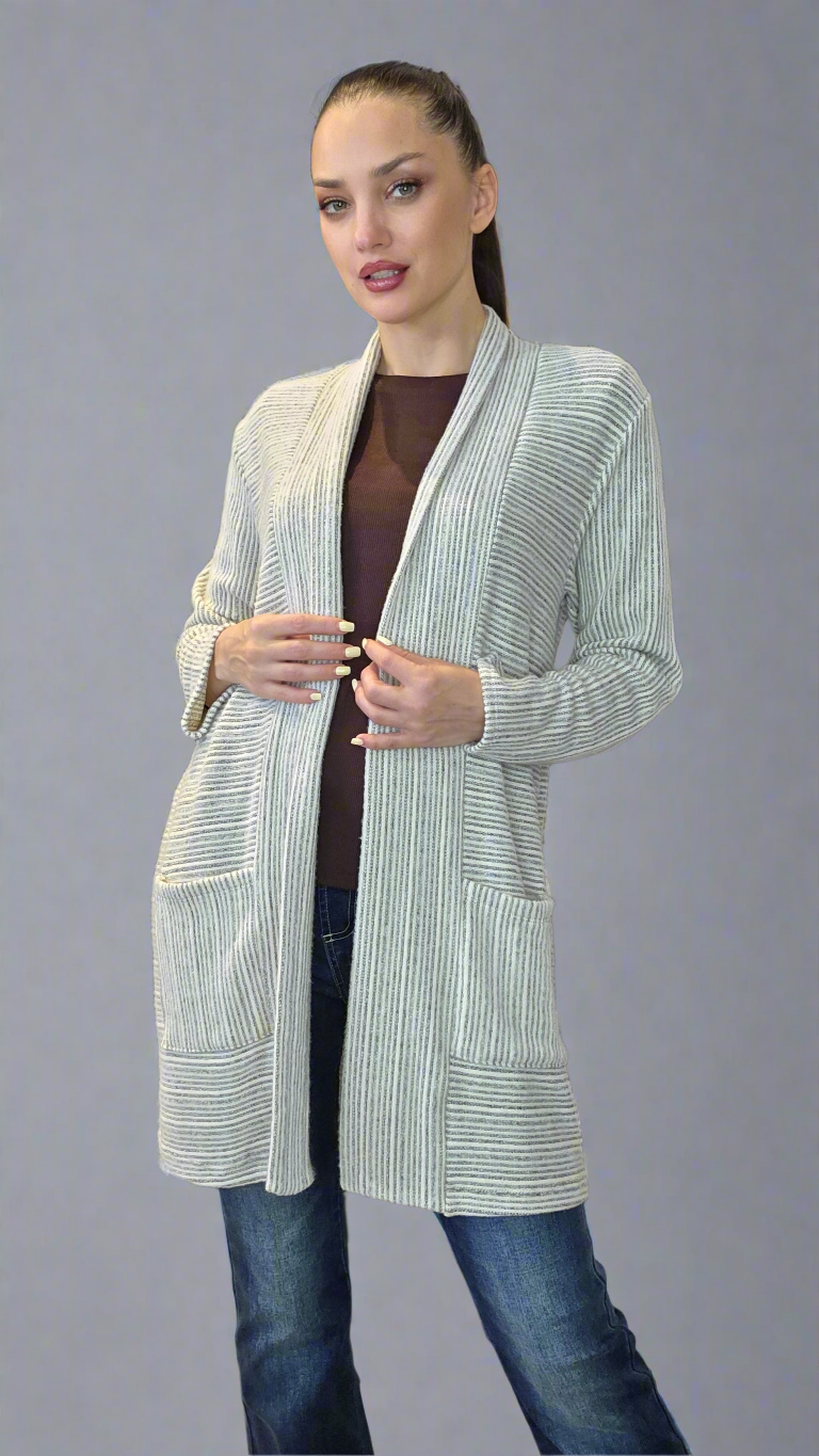 Women’s Cozy Knit Cardigan – Knee-Length, 2 Pockets, Cream & Black