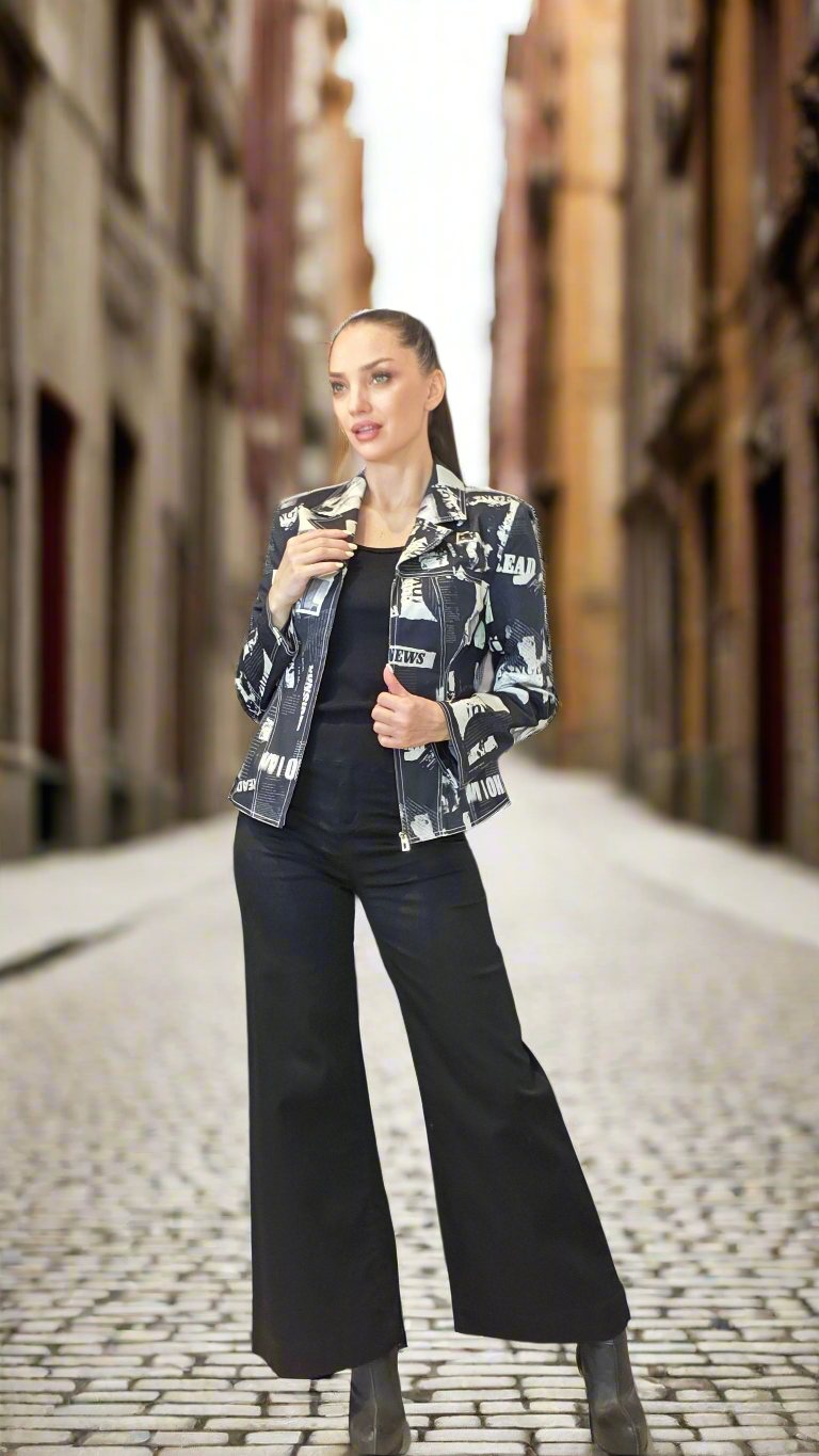 Desigual Women’s Black & White Newspaper Print Jacket – Unique Statement Style