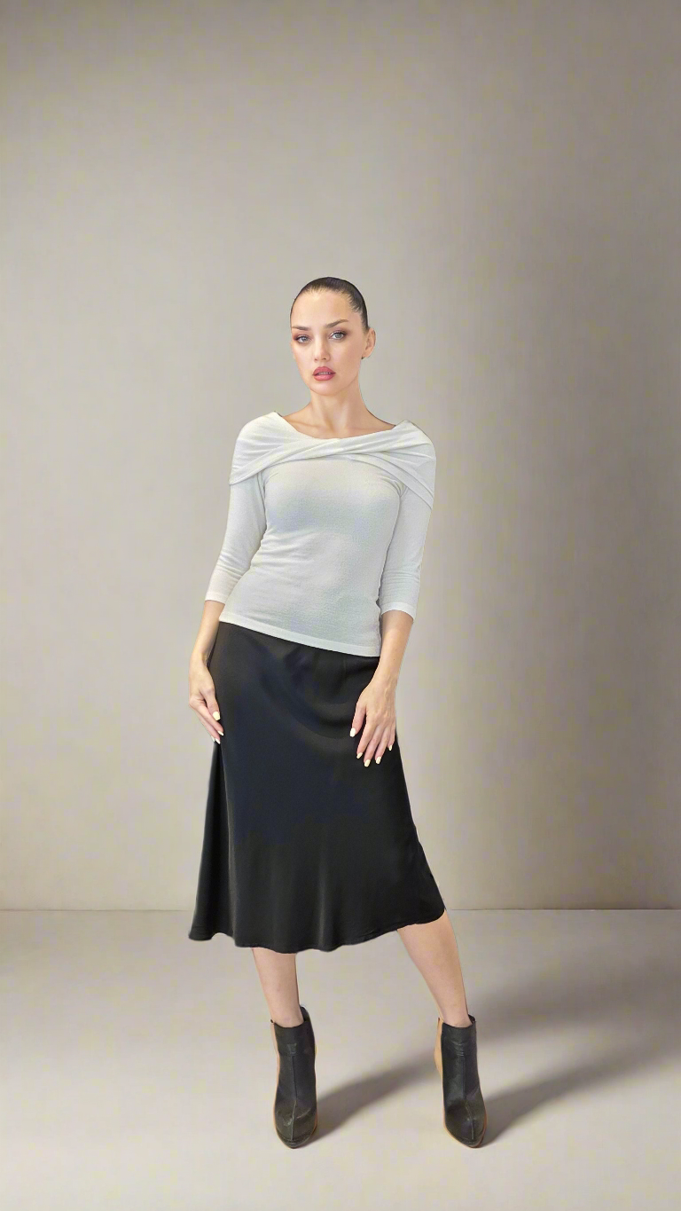 Women’s Off Shoulder Knit Stretch Top – 3/4 Sleeve Convertible Cowl Neck Blouse