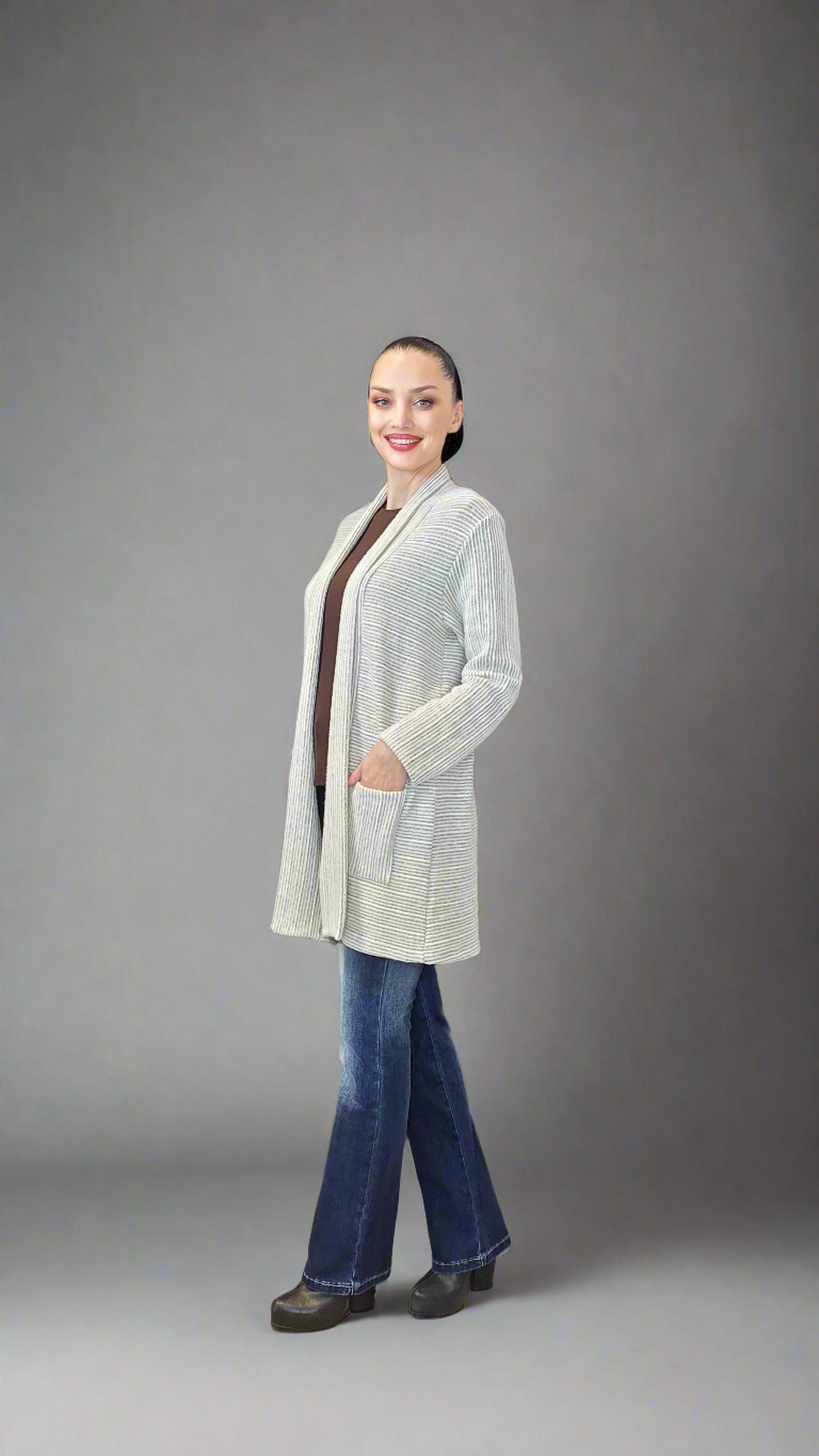 Women’s Cozy Knit Cardigan – Knee-Length, 2 Pockets, Cream & Black