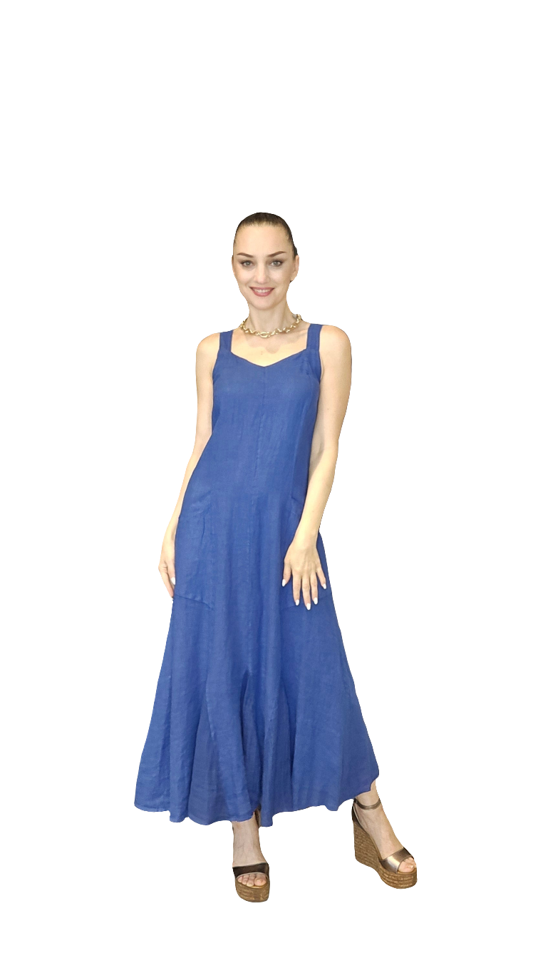 Italian Linen Elegant Dress, Cobalt
