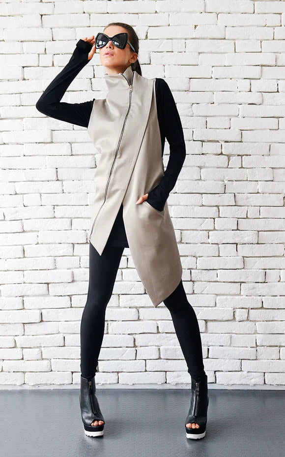 Women’s Beige Zipper Vest – Modern Asymmetric Satin Cotton Top