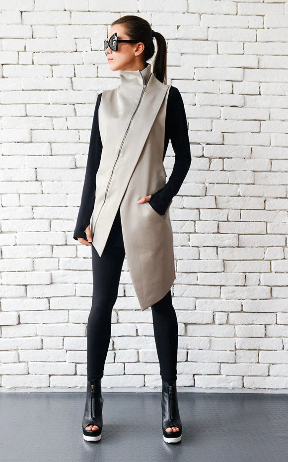 Women’s Beige Zipper Vest – Modern Asymmetric Satin Cotton Top