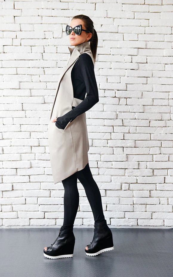 Women’s Beige Zipper Vest – Modern Asymmetric Satin Cotton Top