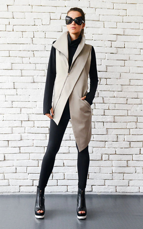 Women’s Beige Zipper Vest – Modern Asymmetric Satin Cotton Top