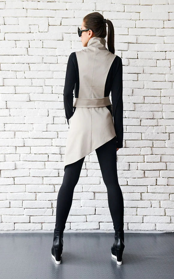 Women’s Beige Zipper Vest – Modern Asymmetric Satin Cotton Top