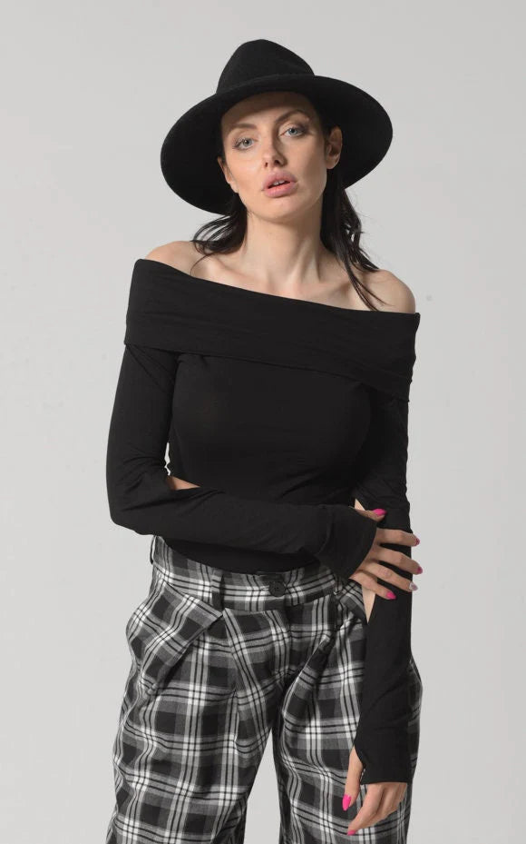 Off-the-Shoulder Cotton Jersey Top – Thumb-Hole Sleeve Detail