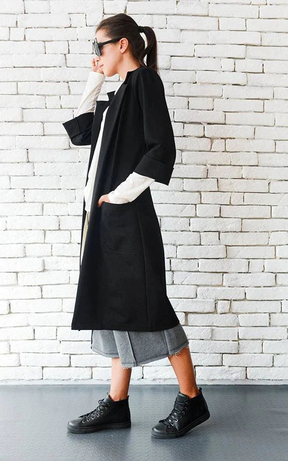 Women’s Long Black Cotton Coat with Pockets