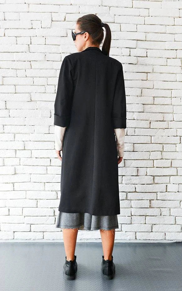 Women’s Long Black Cotton Coat with Pockets