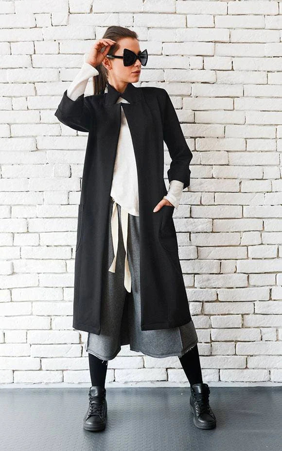Women’s Long Black Cotton Coat with Pockets