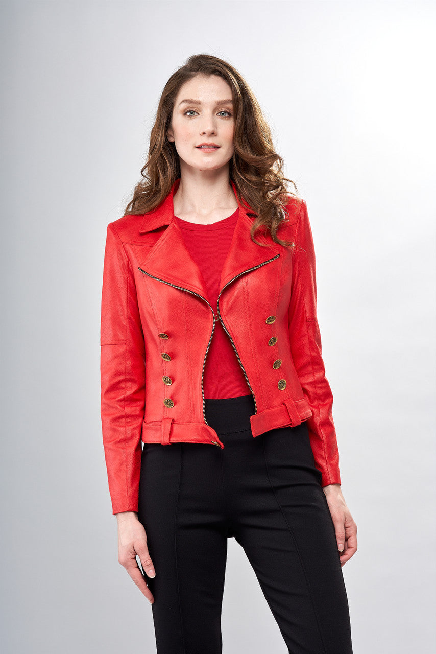 Red Liquid Leather Jacket with Printed Lining & Button Trims