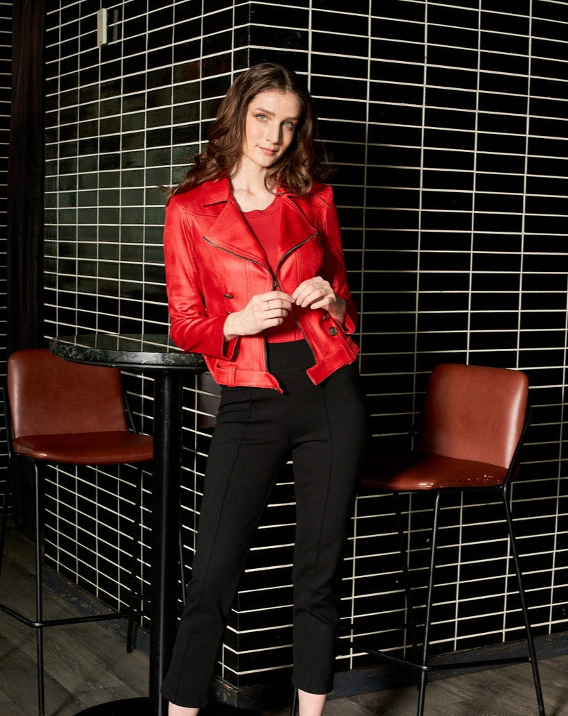 Red Liquid Leather Jacket with Printed Lining & Button Trims