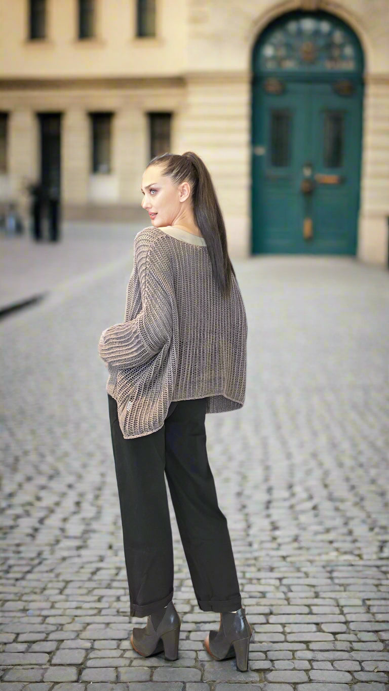 Women’s Taupe Open-Weave Knit Pullover – Relaxed Fit Cotton Sweater with Pockets