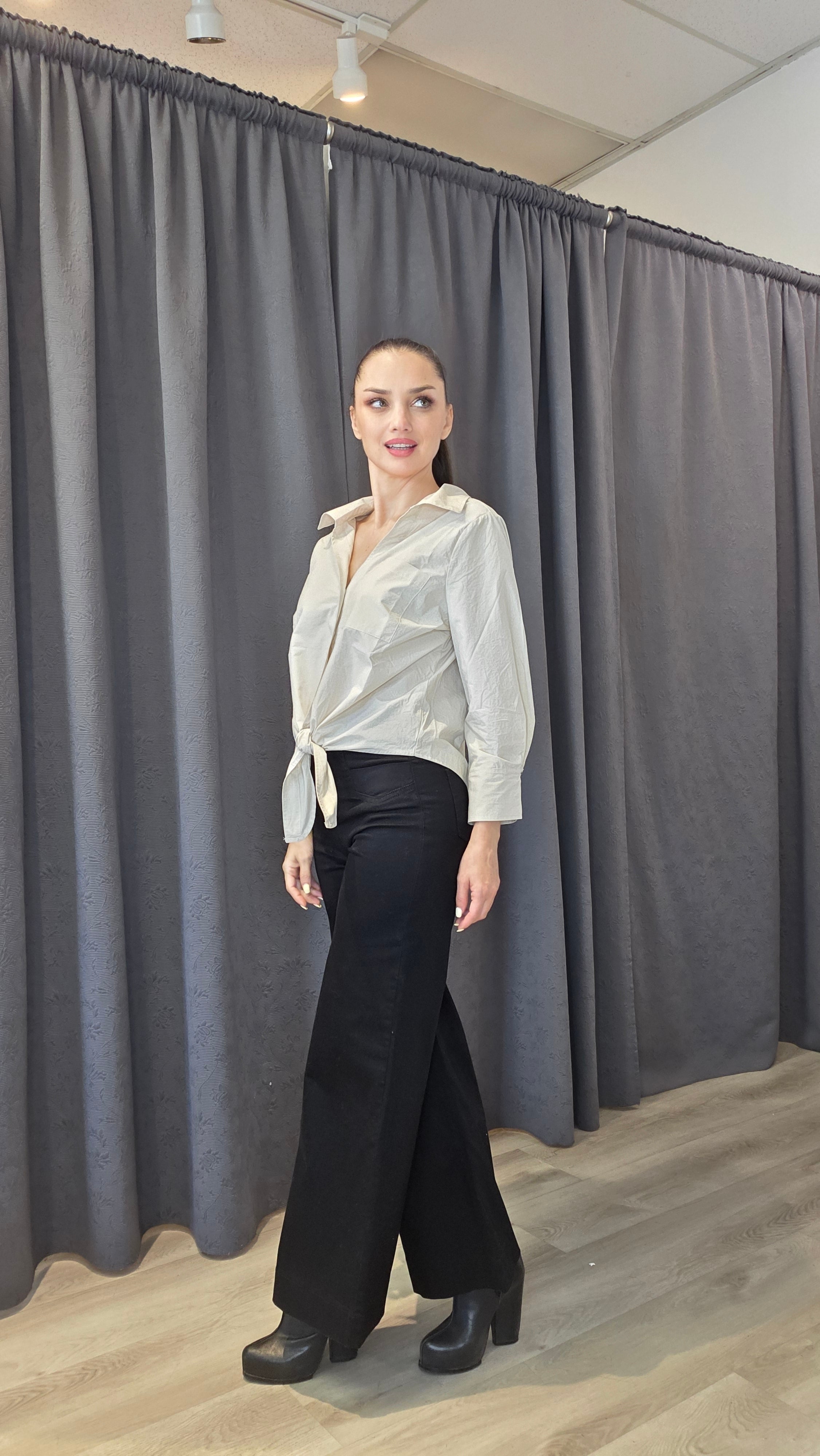 Women’s Peruvian Cotton Front Tie Button-Down Blouse – Black or Beige