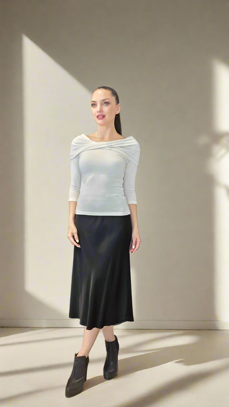 Women’s Off Shoulder Knit Stretch Top – 3/4 Sleeve Convertible Cowl Neck Blouse