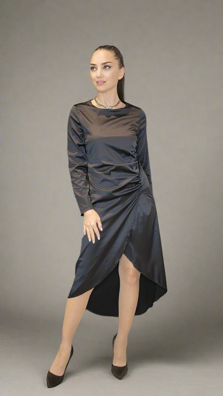 Cross Wrap Black Satin Dress