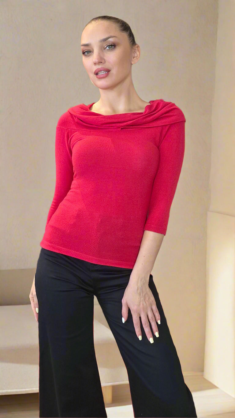 Women’s Off Shoulder Knit Stretch Top – 3/4 Sleeve Convertible Cowl Neck Blouse